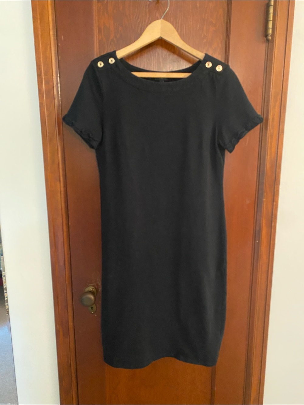 Talbots Black Short-Sleeve Shift Dress with Shoulder Buttons